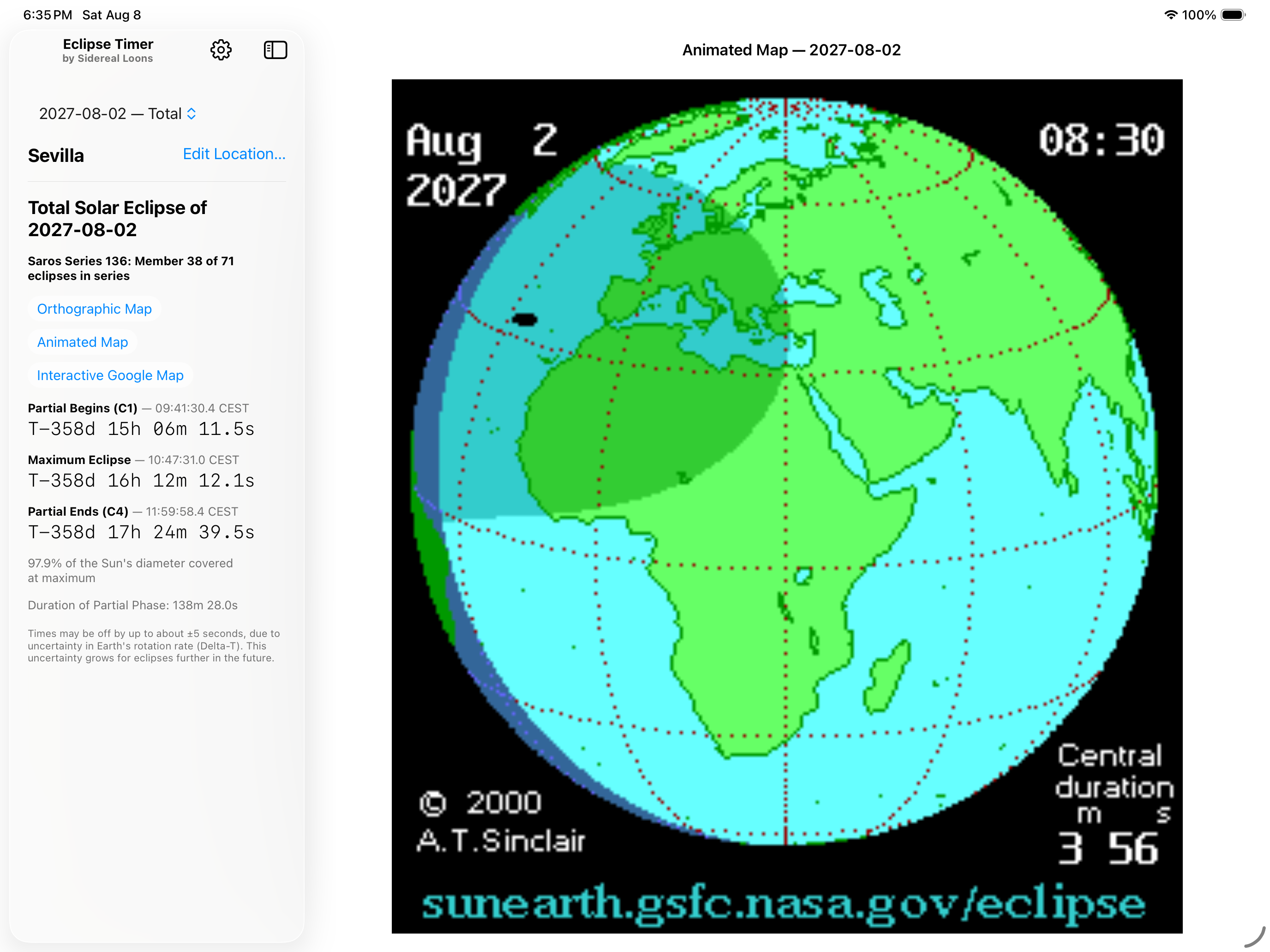 Eclipse Timer on iPad in landscape, showing the countdown for Sevilla, Spain alongside the animated eclipse path map for the 2027-08-02 total solar eclipse
