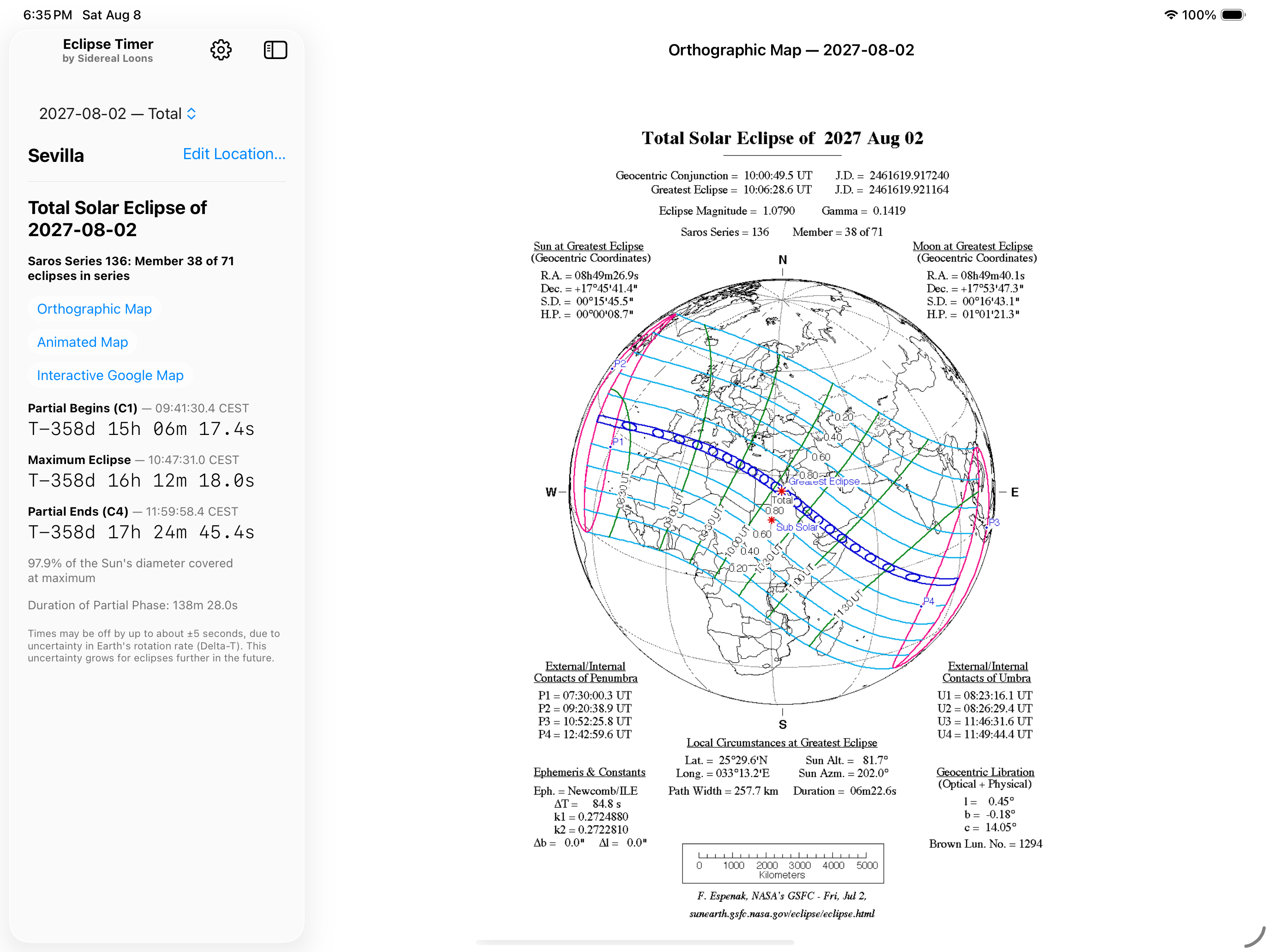 Eclipse Timer on iPad in landscape, showing the countdown for Sevilla, Spain alongside the orthographic eclipse path map for the 2027-08-02 total solar eclipse