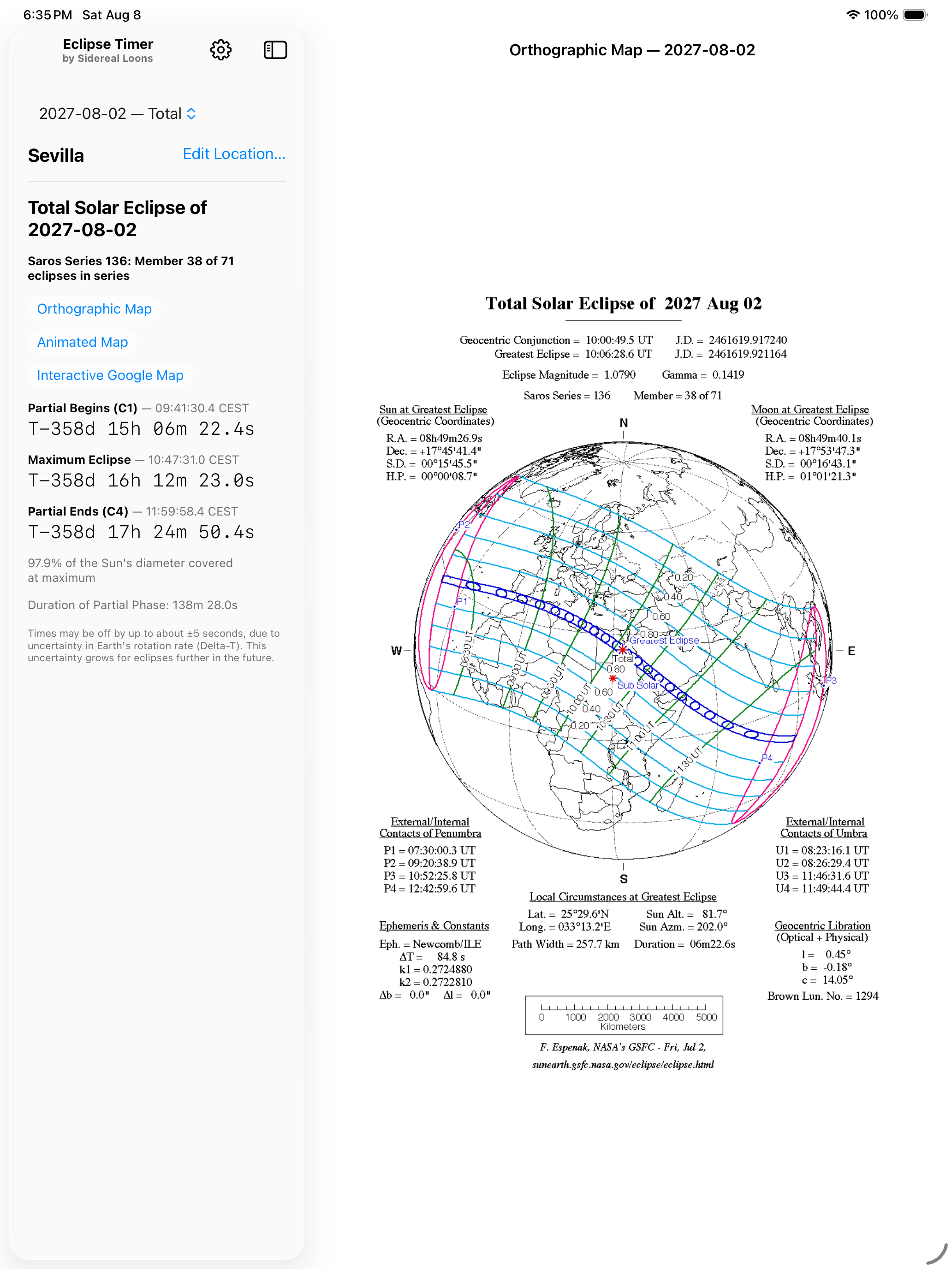 Eclipse Timer on iPad in portrait, showing the countdown for Sevilla, Spain alongside the orthographic eclipse path map for the 2027-08-02 total solar eclipse