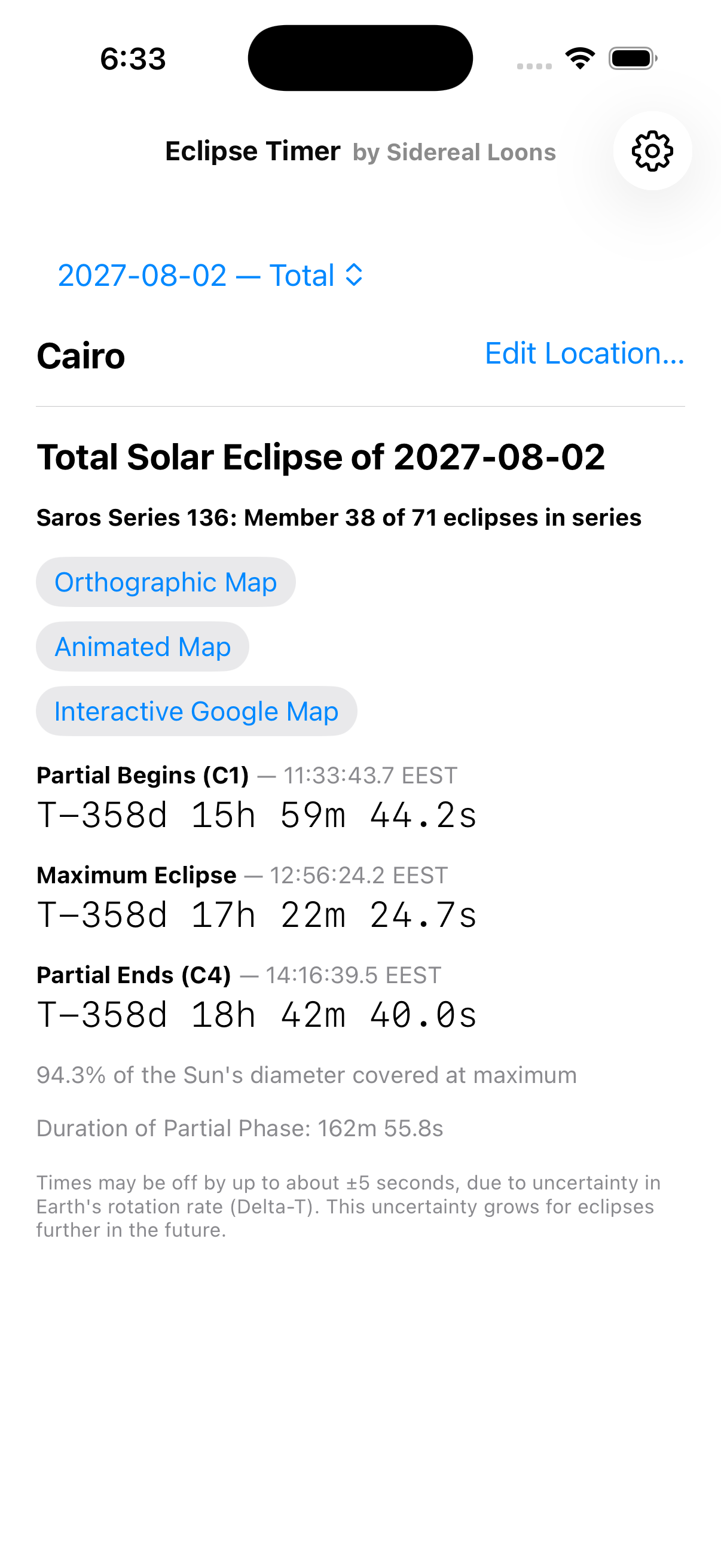 Eclipse Timer on iPhone, showing a total solar eclipse countdown for Cairo, Egypt