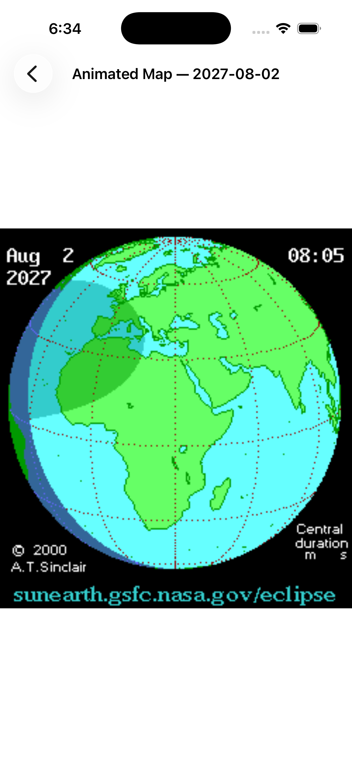 Eclipse Timer on iPhone, showing the animated eclipse path map for the 2027-08-02 total solar eclipse