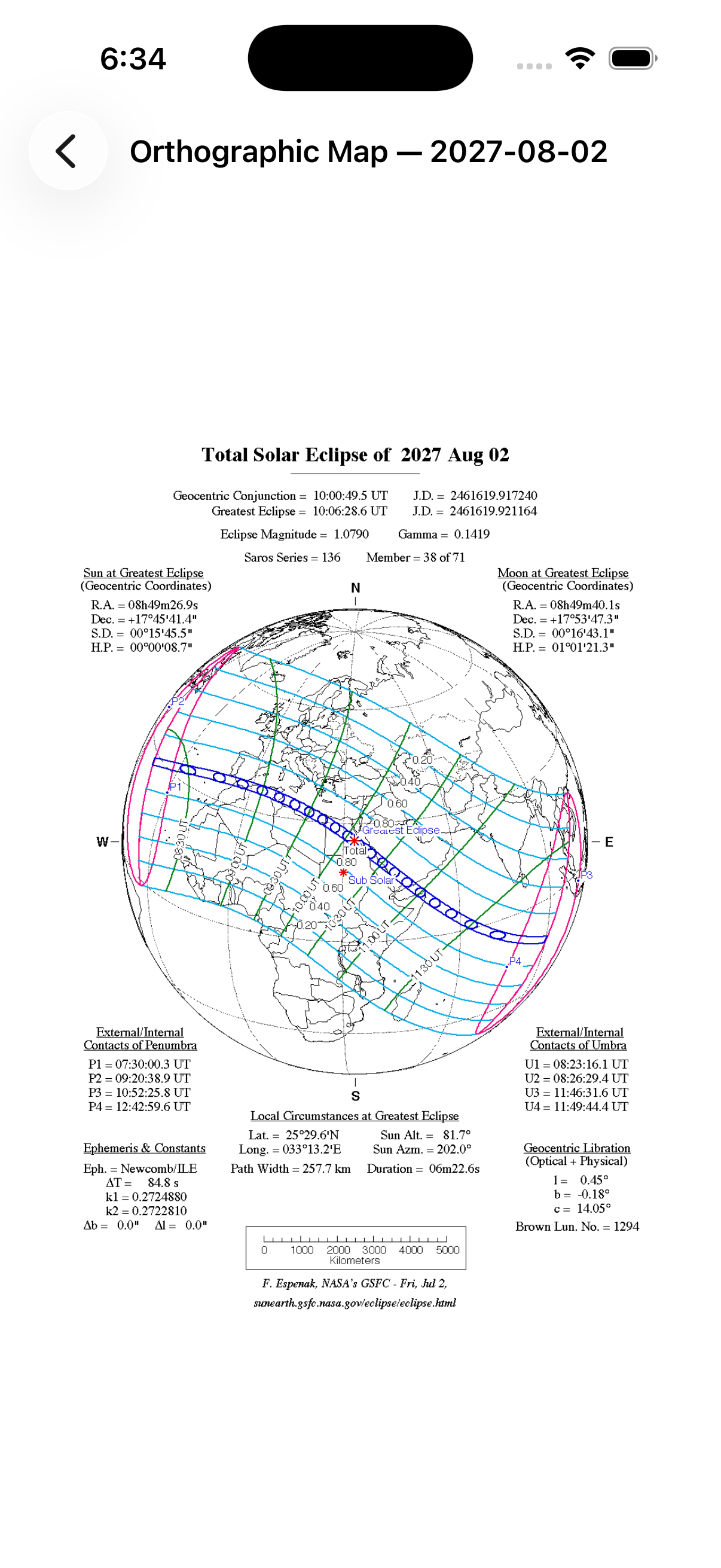 Eclipse Timer on iPhone, showing the orthographic eclipse path map for the 2027-08-02 total solar eclipse