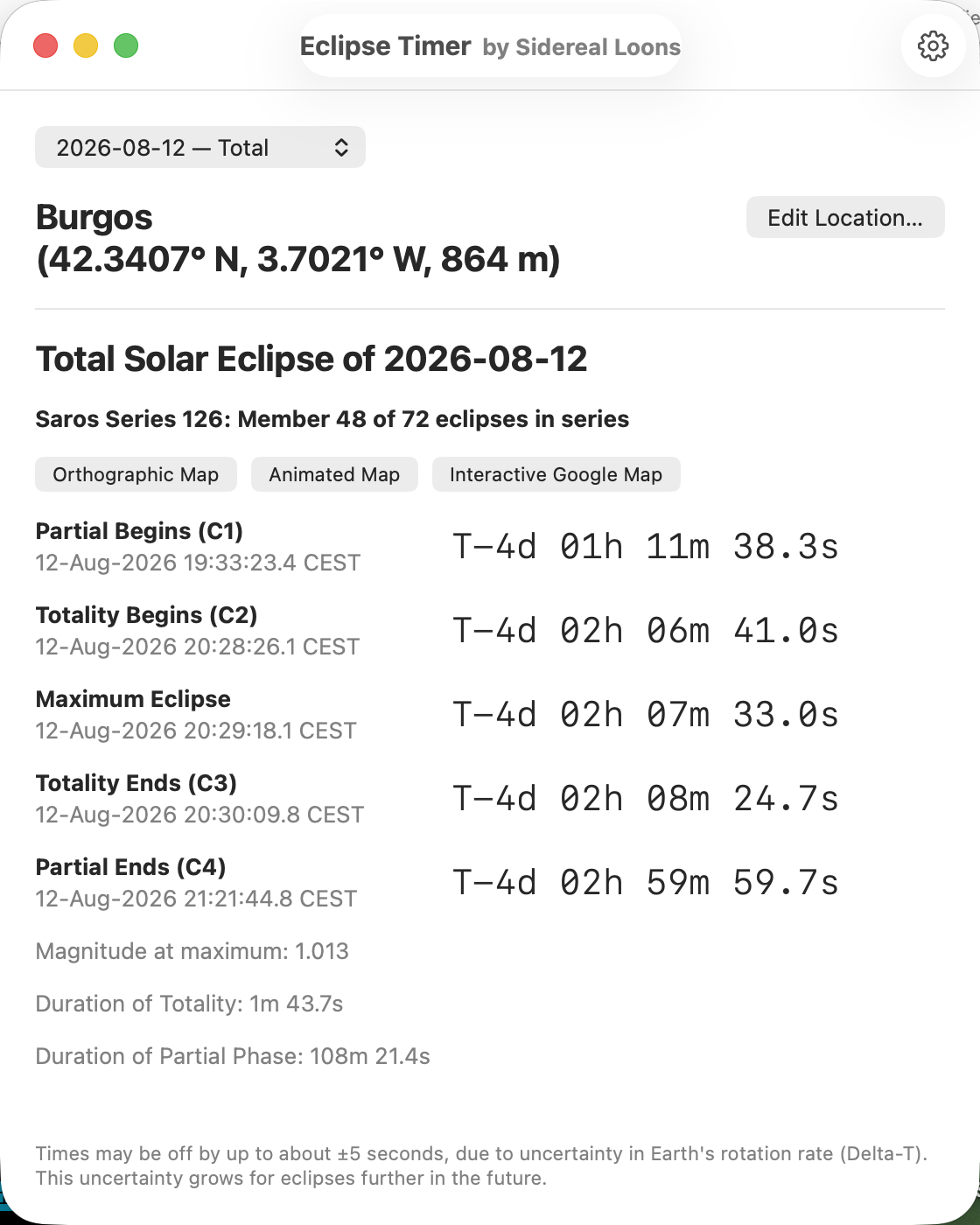 Eclipse Timer on macOS, showing a total solar eclipse countdown for Burgos, Spain