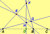 Diagram of the construction of the harmonic conjugate of C with respect to A and B. Click for a javasketchpad illustration.