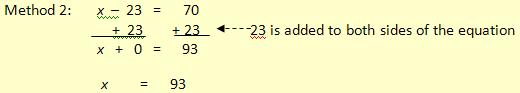 Method 2 for solving x - 23 = 70.