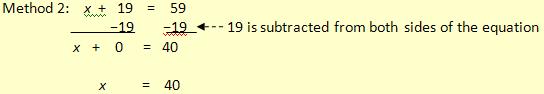 Method 2 for solving x + 19 = 59.