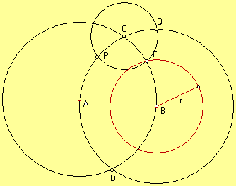 From the previous diagram, constructed a circle centered at C with radius CE.