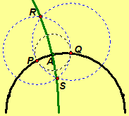 Illustration of the construction of a line perpendicular to a given line through a point on the line in the Poincare Half-plane.