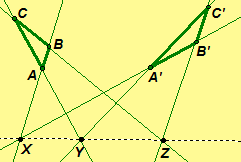 Two triangles perspective from a line. Click for a javasketchpad illustration.